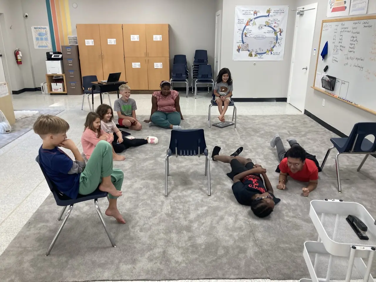 Learners sit in a circle on a studio rug for a discussion, some in chairs and some on the floor.